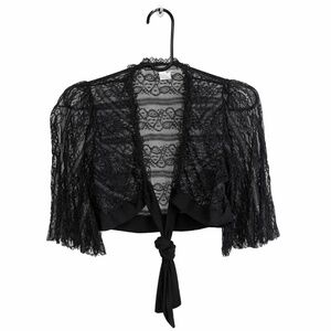 Body Central Black Lace Sheer Crop Shrug Bolero Bell Sleeve Tie Front Medium